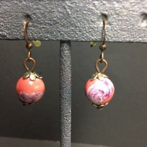 Dangle Pierced Earrings Pink Purple Flower Round Bead Copper Hook Barbie Retro